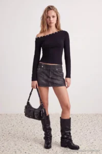 TRENDYOLMİLLA Black Plain Fitted Asymmetric Collar Button Detailed Cotton Rib Knitting Blouse - Image 2