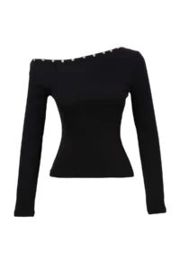 TRENDYOLMİLLA Black Plain Fitted Asymmetric Collar Button Detailed Cotton Rib Knitting Blouse - Image 4
