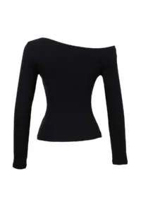 TRENDYOLMİLLA Black Plain Fitted Asymmetric Collar Button Detailed Cotton Rib Knitting Blouse - Image 6