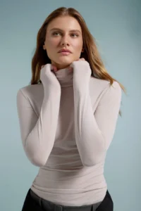 TRENDYOLMİLLA More Sustainable BEIGE Melange Cashmere Blended Transparent Fitted Turtleneck Knitting Blouse