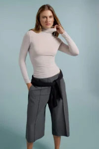 TRENDYOLMİLLA More Sustainable BEIGE Melange Cashmere Blended Transparent Fitted Turtleneck Knitting Blouse - Image 3