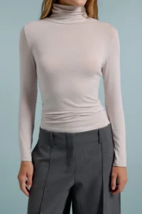 TRENDYOLMİLLA More Sustainable BEIGE Melange Cashmere Blended Transparent Fitted Turtleneck Knitting Blouse - Image 4