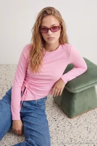 TRENDYOLMİLLA Light PINK Plain Fitted Crew Neck Shirred Crop Viscose Rib Knitting Blouse