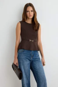 TRENDYOLMİLLA Brown Belt Detailed Weaving Blouse - Image 2