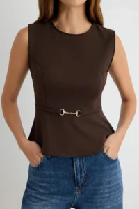 TRENDYOLMİLLA Brown Belt Detailed Weaving Blouse - Image 3
