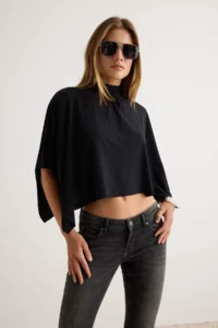 TRENDYOLMİLLA Black Plain Oversized High Neck Bat Arm Crop/Short Sandy Knitting Blouse