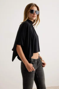 TRENDYOLMİLLA Black Plain Oversized High Neck Bat Arm Crop/Short Sandy Knitting Blouse - Image 2