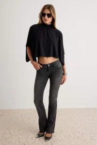 TRENDYOLMİLLA Black Plain Oversized High Neck Bat Arm Crop/Short Sandy Knitting Blouse - Image 3