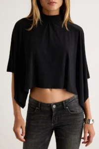 TRENDYOLMİLLA Black Plain Oversized High Neck Bat Arm Crop/Short Sandy Knitting Blouse - Image 4