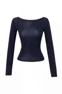 TRENDYOLMİLLA NAVY BLUE Polka Dot Fitted Boat Neck Lycra Combed cotton single jersey Knitting Blouse - Image 5