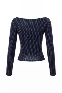TRENDYOLMİLLA NAVY BLUE Polka Dot Fitted Boat Neck Lycra Combed cotton single jersey Knitting Blouse - Image 7