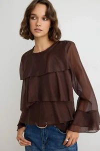 TRENDYOLMİLLA Brown with flywheel Skirt Asymmetric Chic Weaving Blouse