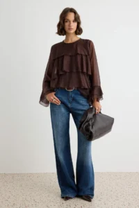 TRENDYOLMİLLA Brown with flywheel Skirt Asymmetric Chic Weaving Blouse - Image 2