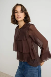 TRENDYOLMİLLA Brown with flywheel Skirt Asymmetric Chic Weaving Blouse - Image 3