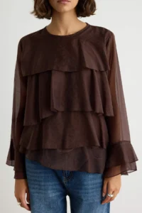 TRENDYOLMİLLA Brown with flywheel Skirt Asymmetric Chic Weaving Blouse - Image 4
