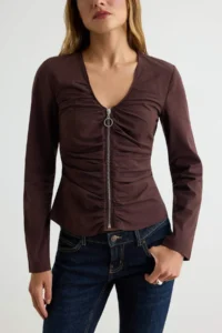TRENDYOLMİLLA Brown Zipper Detailed Lycra PoplinBlouse - Image 3