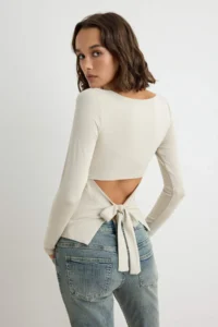 TRENDYOLMİLLA Stone Fitted Low-cut back Boat Neck Knitting Soft Blouse