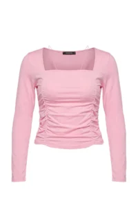 TRENDYOLMİLLA PINK Fitted Shirred Square Neck Super Crop/Extra Short Soft Knitting Blouse - Image 4