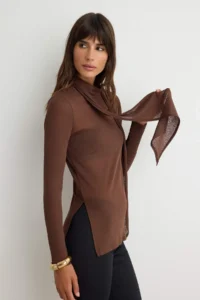 TRENDYOLMİLLA Brown Transparent Fitted Shawl Collar Standard Sleeve LONG Foam Knitting Blouse