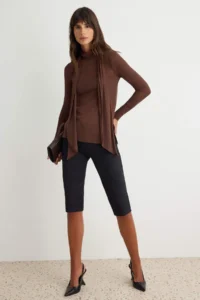 TRENDYOLMİLLA Brown Transparent Fitted Shawl Collar Standard Sleeve LONG Foam Knitting Blouse - Image 2