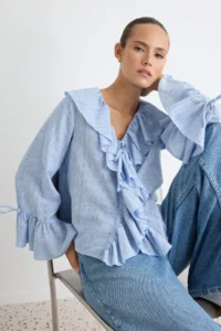 TRENDYOLMİLLA BLUE Striped Ruffle Detailed Weaving Blouse