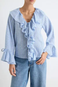TRENDYOLMİLLA BLUE Striped Ruffle Detailed Weaving Blouse - Image 3
