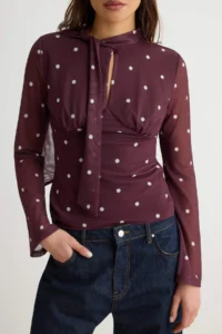 TRENDYOLMİLLA Plum Polka Dot Fitted with scarf Keyhole Collar Knitting Blouse - Image 3
