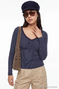 TRENDYOLMİLLA NAVY BLUE Striped Fitted Lace Detailed buttoned Knitting Blouse - Image 6