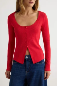 TRENDYOLMİLLA Red Plain Fitted buttoned Flexible Knitting Blouse