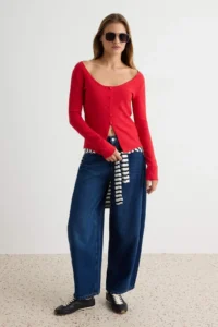 TRENDYOLMİLLA Red Plain Fitted buttoned Flexible Knitting Blouse - Image 2