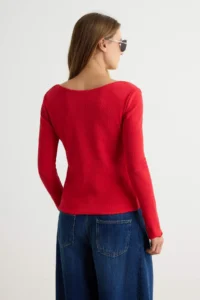 TRENDYOLMİLLA Red Plain Fitted buttoned Flexible Knitting Blouse - Image 4