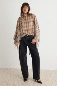 TRENDYOLMİLLA Khaki Plaid Patterned Blouse with Shawl
