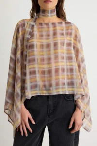 TRENDYOLMİLLA Khaki Plaid Patterned Blouse with Shawl - Image 3