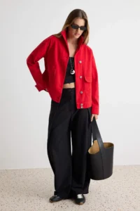 TRENDYOLMİLLA Red High Neck Oversized DENIM Jacket - Image 2