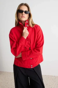TRENDYOLMİLLA Red High Neck Oversized DENIM Jacket - Image 3