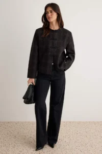 TRENDYOLMİLLA Brown Checkered Trim Closure Bowl Jacket - Image 2