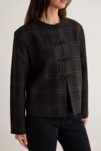 TRENDYOLMİLLA Brown Checkered Trim Closure Bowl Jacket - Image 3
