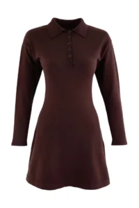 TRENDYOLMİLLA Brown Polo Shirt Collar skater Knit Dress - Image 6