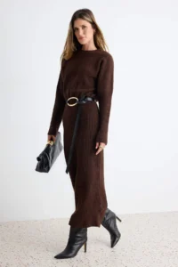 TRENDYOLMİLLA Brown Wide Pattern Maxi Length Knit Dress