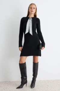 TRENDYOLMİLLA Black Soft textured Shawl tied up Mini Knit Dress