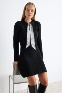TRENDYOLMİLLA Black Soft textured Shawl tied up Mini Knit Dress - Image 2