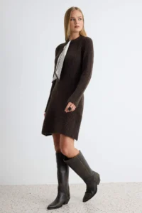 TRENDYOLMİLLA Brown Soft textured Shawl tied up Mini Knit Dress