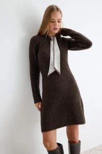 TRENDYOLMİLLA Brown Soft textured Shawl tied up Mini Knit Dress - Image 2