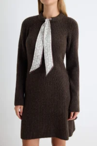 TRENDYOLMİLLA Brown Soft textured Shawl tied up Mini Knit Dress - Image 3