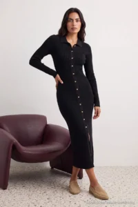 TRENDYOLMİLLA Black Maxi Length Ribbed Knitwear Cotton Dress
