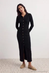 TRENDYOLMİLLA Black Maxi Length Ribbed Knitwear Cotton Dress - Image 3