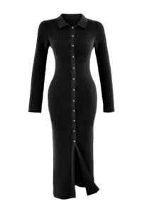 TRENDYOLMİLLA Black Maxi Length Ribbed Knitwear Cotton Dress - Image 5
