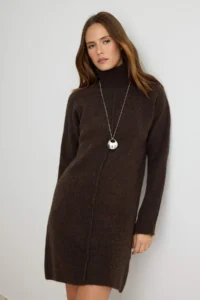 TRENDYOLMİLLA Brown High Neck Stitch Detailed Bat Arm Knit Dress - Image 2