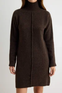 TRENDYOLMİLLA Brown High Neck Stitch Detailed Bat Arm Knit Dress - Image 3