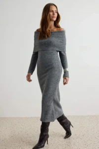 TRENDYOLMİLLA Anthracite Carmen Collar Maxi Knit Dress - Image 2
